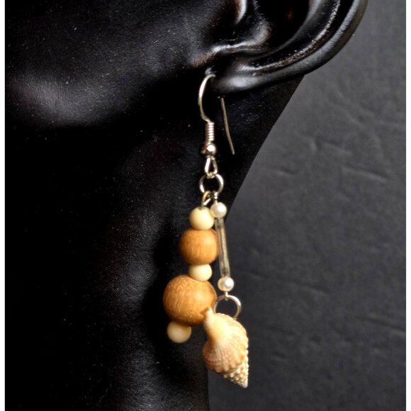 Bohemian Seashell & Wood Beaded Tassel Dangle Earrings Beachy Nautical - Picture 2 of 7